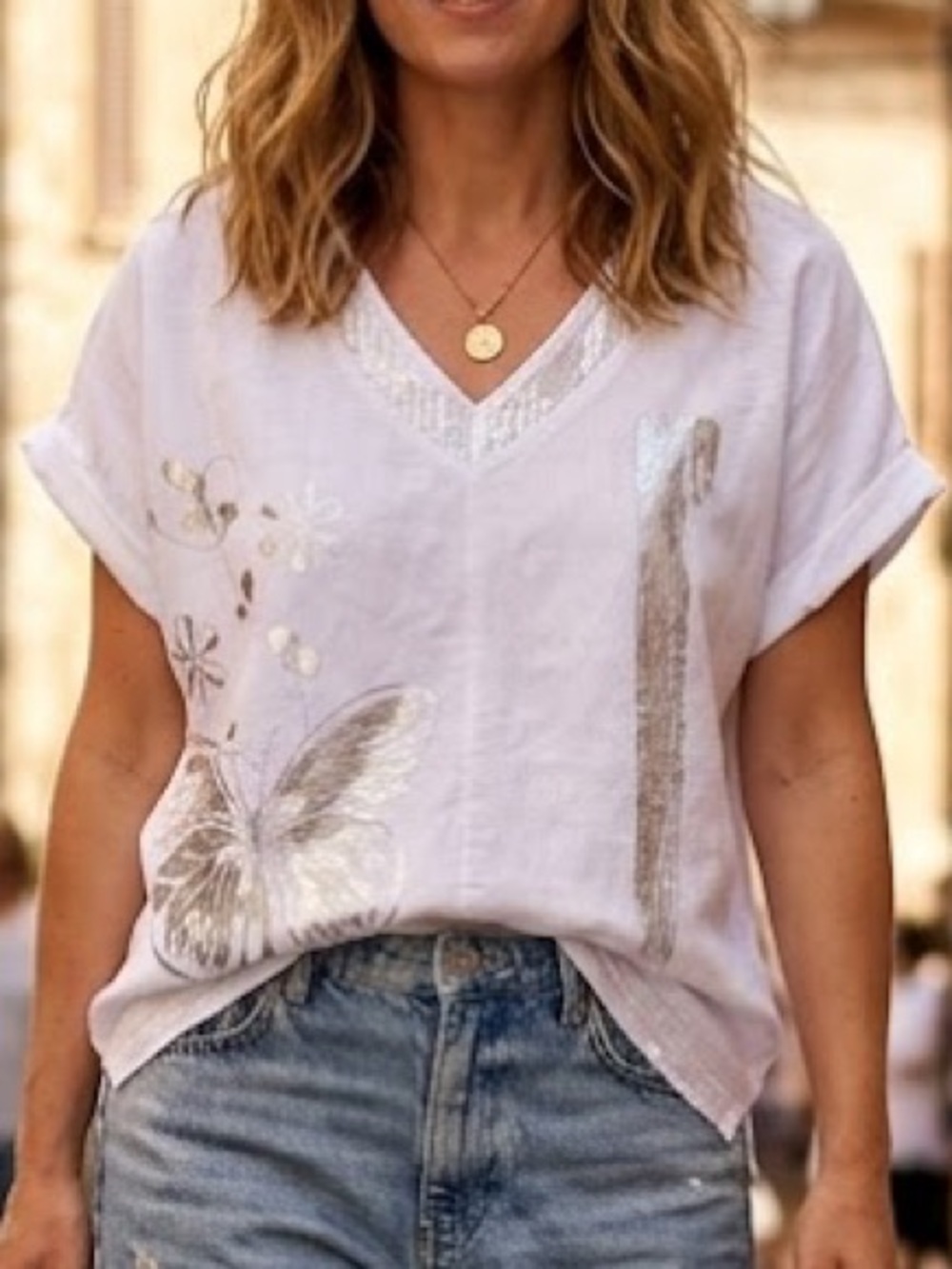 Elissia Made in Italy Linen Blend Sequin Butterfly Boyfriend Top White Size S